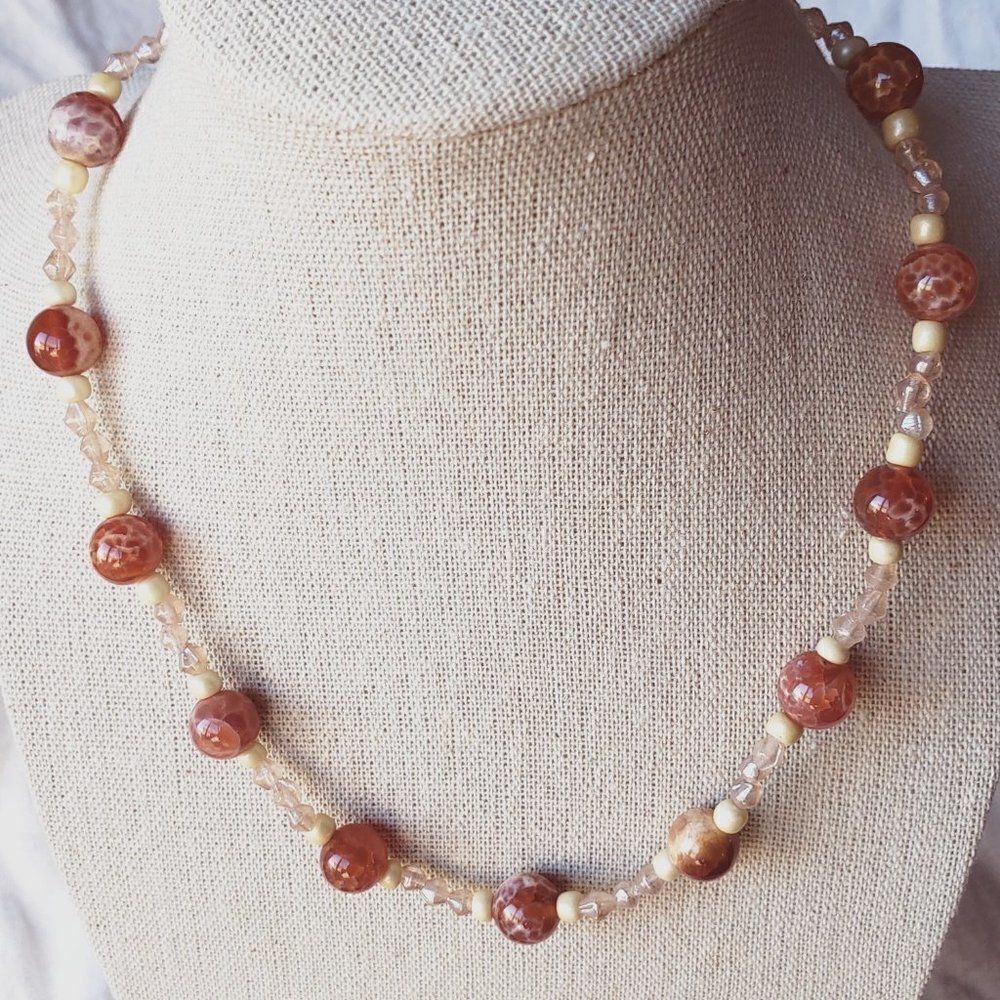 Red & cream glass beaded necklace